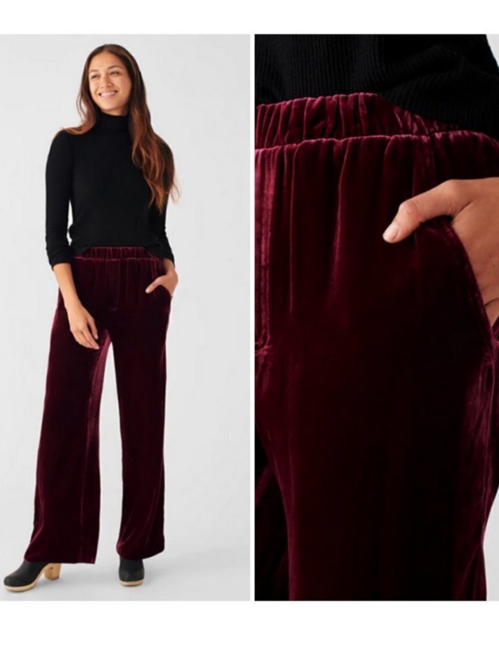 Faherty Vintage Silk Velvet Wide-Leg Pants - Burgundy